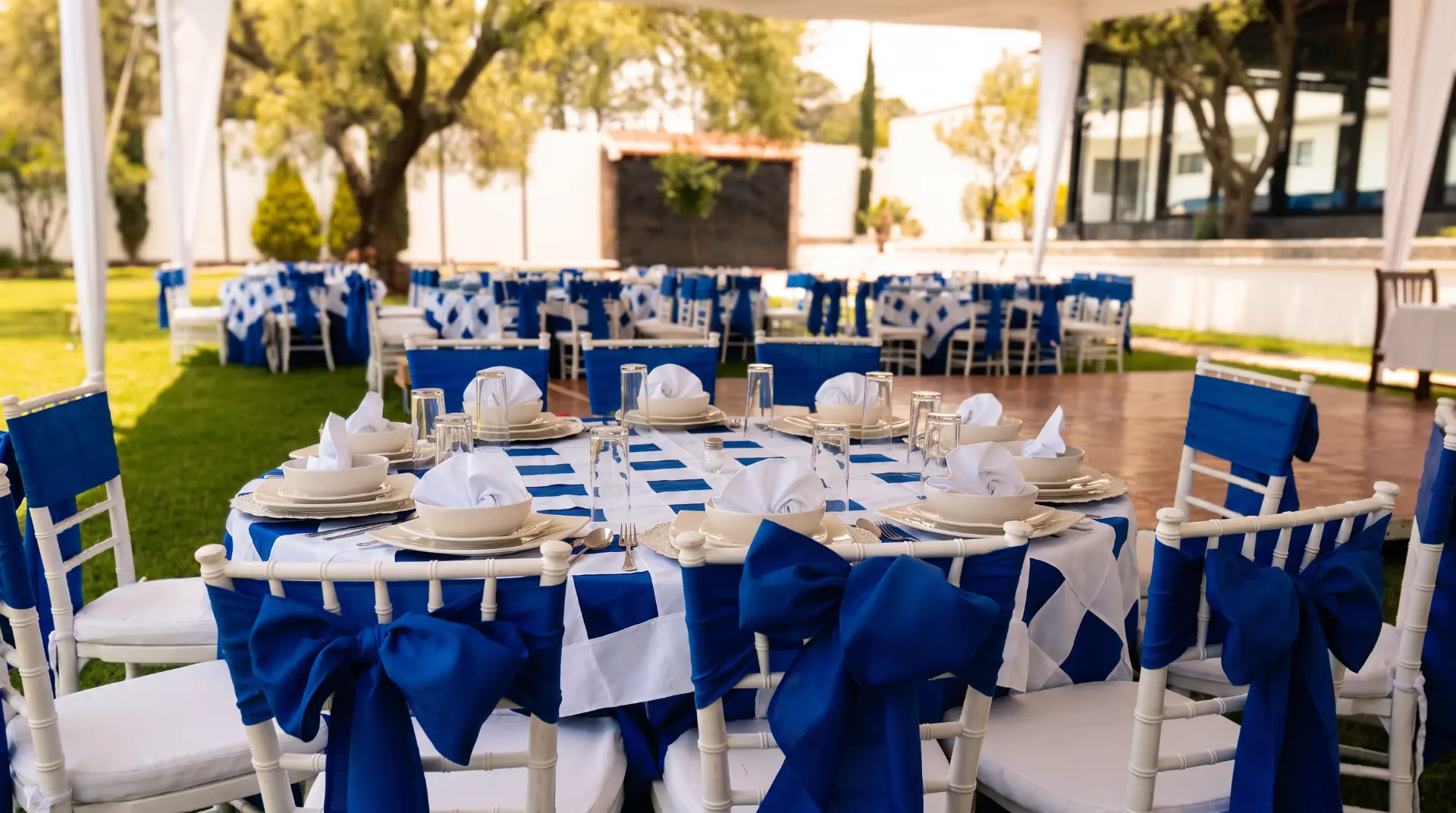 Montaje exterior con mantelería azul para celebración